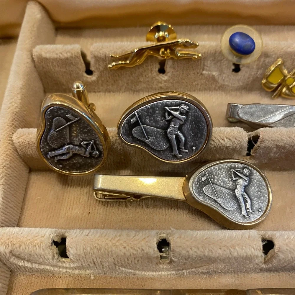 Vintage Accessory Lot Mens Cuff Links Tie Tacks and Clips Gold Silver Golf Arrow